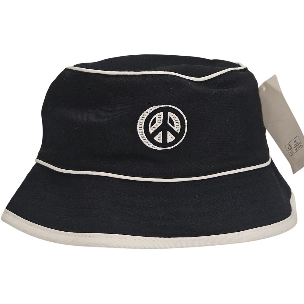Black Bucket Hat Peace Embroidered Sign White Trim‎ Casual Festival One Size 14+